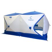 Палатка СЛЕДОПЫТ зимняя куб, 3,8*1,9м, 2х комнатная, S по полу 7,2 кв.м, 3 слоя, цв. синий/белый